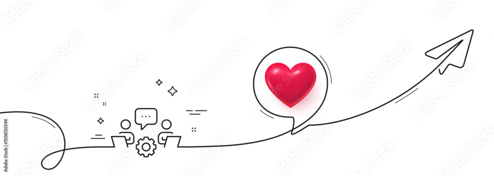 Poster teamwork line icon. continuous line with share plane. remote office sign. team employees symbol. 3d 