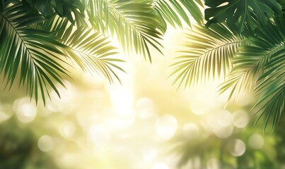 Obraz premium Tropical palm leaves create a natural frame around a soft, golden, bokeh-filled background, evoking a sense of tranquility and warmth