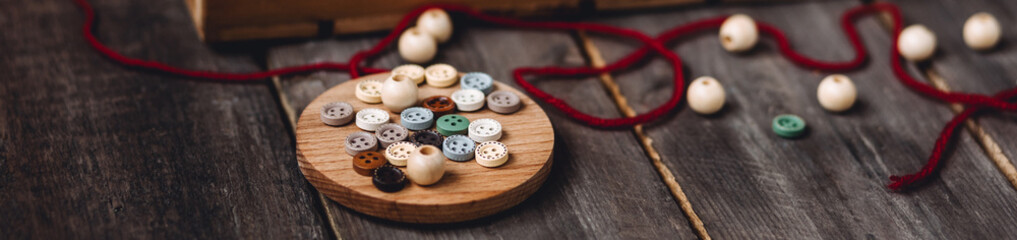 Obraz premium Banner. Christmas zero waste eco friendly home holiday festive decor, wooden box handmade toys with recycled or natural materials. Cozy atmosphere, ecological concept, sustainable Xmas celebration