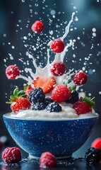 Strawberries, raspberries, and blackberries creating a vibrant splash in a bowl of creamy milk, showcasing the freshness and deliciousness of summer fruits