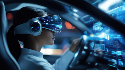 Virtual Reality Driving Experience: An individual immersed in a virtual reality headset simulates driving a vehicle, navigating a digital world with a futuristic display.