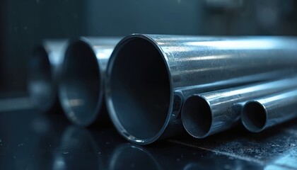 Stack of shiny stainless steel pipes. Metallic cylinders of different diameters for construction. Industrial engineering manufacturing background. Metal tubes, chrome profile objects in metallurgical