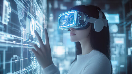 Virtual Reality Exploration: A woman, immersed in a virtual reality experience, interacts with a holographic interface using a cutting-edge VR headset, showcasing innovation and futuristic technology.