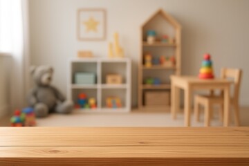 Empty Wooden Table Top with Blurred Kids Room Interior Background for Product Display