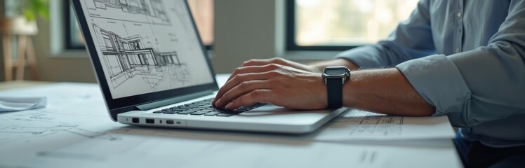 Architect uses laptop. Architectural software displays digital blueprint. Hands typing on keyboard. Design process, construction planning. Engineer works on project. Workplace, office, indoor work,