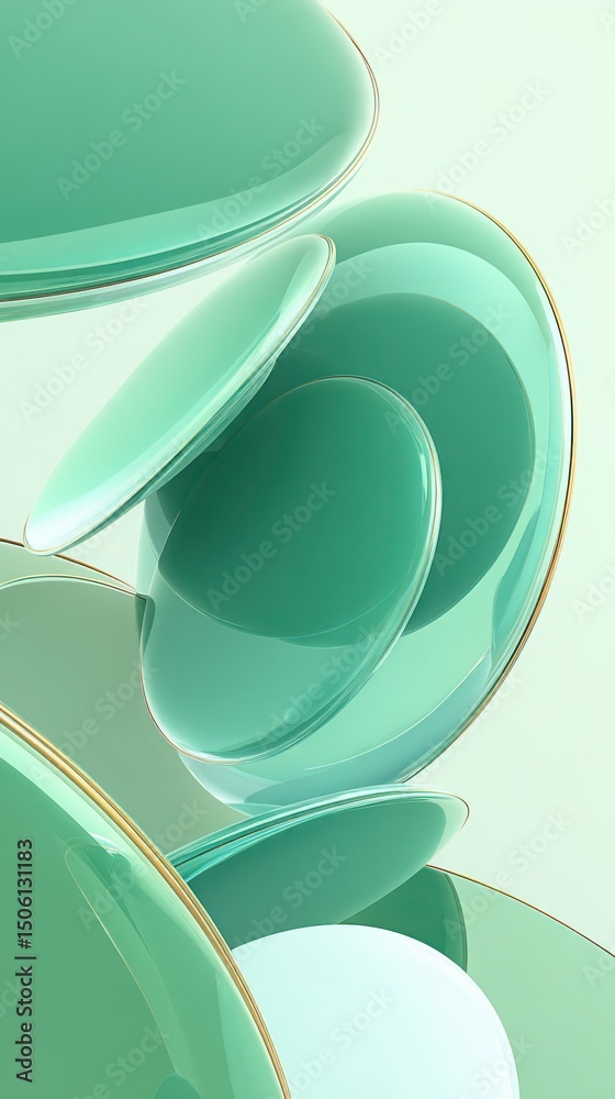 Poster abstract rendering features an array of glossy mint green discs hovering in a vertical composition
