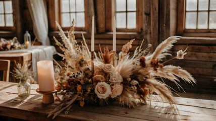 boho wedding decor, a bohemian bridal bouquet placed on a rustic wood table, decorated with dried flowers and pampas grass, against a cozy wedding setting