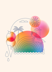 Summer vacation line art with ice cream, flamingo and color gradient