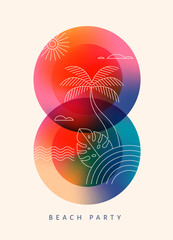 Tropical beach party and summer vacation line art with color gradient