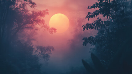 Fototapeta premium Enigmatic Sunset: An ethereal sunset, its radiant orb partially obscured by a delicate veil of fog, casts a mesmerizing glow over the tranquil woodland.