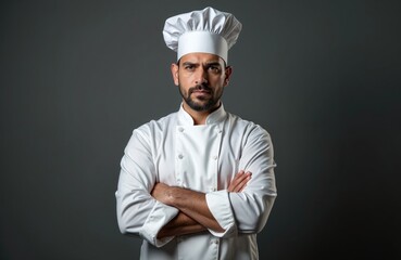 Naklejka premium Professional chef with crossed arms poses against dark gray backdrop. Culinary expert, wearing clean white uniform and chef hat, looking at camera with confidence. Portrait in studio.
