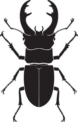 Stag beetle silhouette detailed insect art, Horned beetle vector black illustration