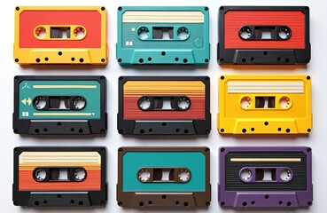 Fototapeta premium Collection of vintage audio cassette tapes on white. Diverse designs, colors. Retro music media. Audio record with sound. Stereo equipment from the 80s, 90s. Nostalgic pop culture item.