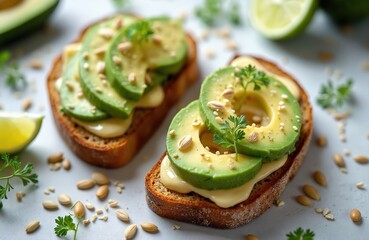 Healthy avocado toast, clean eating, weight loss. Slice of bread with avocado slices cheese. Breakfast meal, vegetarian sandwich. Healthy fats with vegetables, fruits, nuts, seeds. Vegan food recipe,