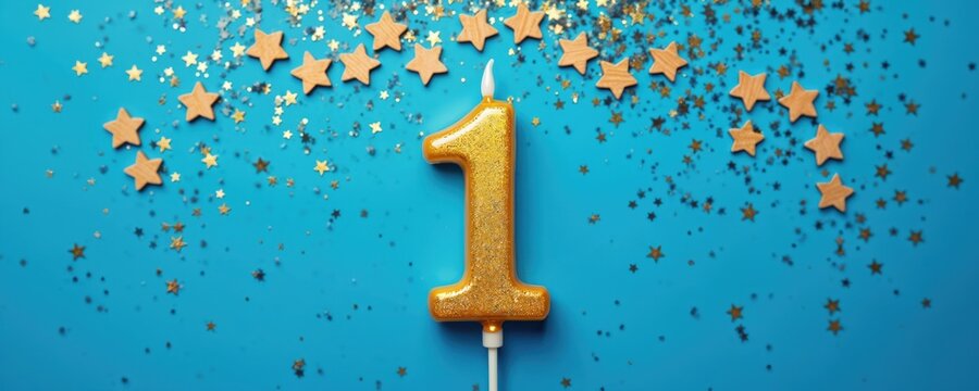 Gold number one birthday candle, stars glitter on vibrant blue background. Celebrating first anniversary, holiday. Happy birthday, wish, greeting card, party decoration, anniversary congratulation,