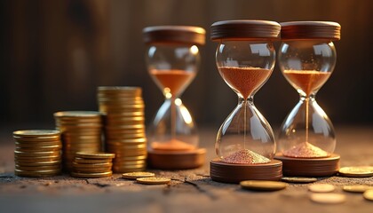 Image shows hourglasses, golden coins. Sand flows, time money concept, finance, banking, investment, budget, profit. Wealth management, economic, countdown, value, time management, financial success,