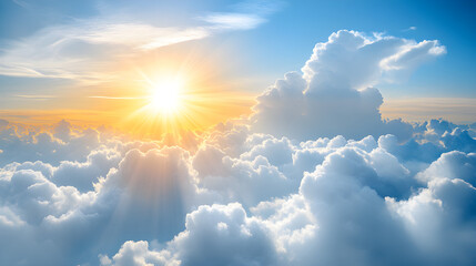 Bright sunlight illuminates the blue sky with white clouds, a beautiful day in natureBright sunlight illuminates the blue sky with white clouds, a beautiful day in nature