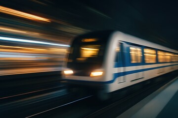 Moving Train with Blurry Lights, Ideal for Transportation Backgrounds