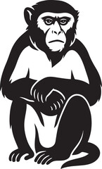 Monkey in thoughtful pose silhouette, Thinking monkey animal black vector art