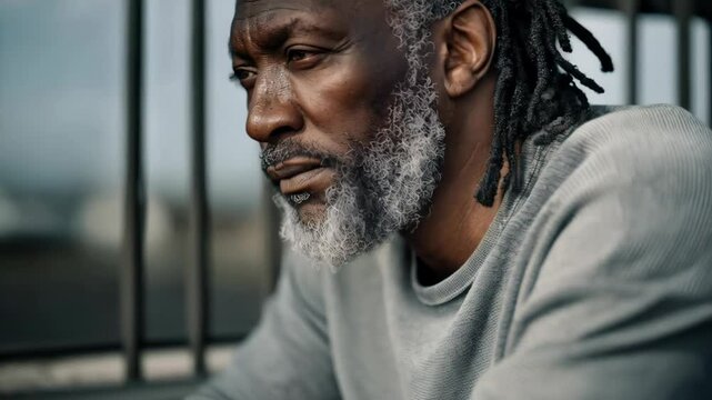 Older African decent man, grayed beard and locks, contemplative expression looks downward next to blurred metal bars in outdoor urban area