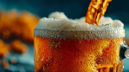 Cold, foamy beer being poured into a glass with vivid bubbles and golden amber tones, perfect for refreshing drink or pub-themed concepts - Powered by Adobe