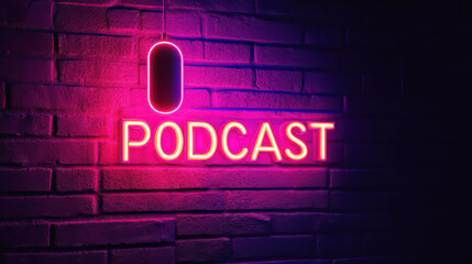 Fototapeta premium Podcast Neon Sign: a neon sign illuminates a brick wall, casting a vibrant glow and hinting at the world of audio storytelling and conversation.