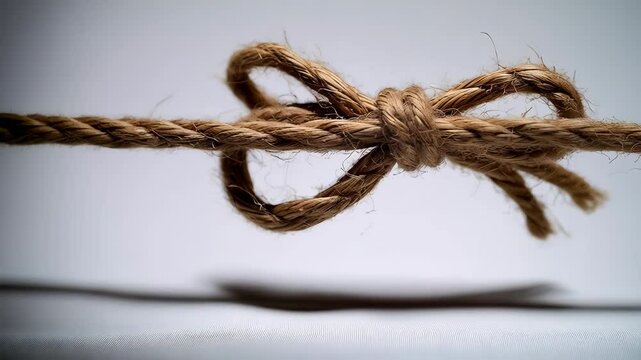 Close-up of a tied bow in natural fiber rope, showing the detail and texture of the coarse twine on a clean white background