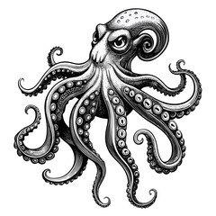 Sketch realistic octopus black and white illustration. Octopus drawn sketch in doodle style on a white background. Illustrated in vintage hand-drawn style.