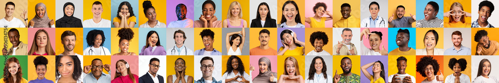 Poster a vibrant collage features diverse individuals exhibiting a range of emotions. each person represent