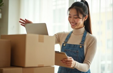 Young Asian woman entrepreneur uses laptop to manage small business. Checks orders, packs boxes for delivery. Smiling businesswoman working from home. E-commerce, online shop, SME concept, startup.