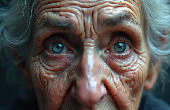 Illustration of elderly woman with deep wrinkles. Blue eyes capture profound experience. Image conveys themes of aging memory loss dementia cognitive decline World Mental Health Day. - Powered by Adobe