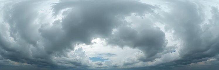 Dramatic panoramic view overcast sky dark gloomy Cumulonimbus clouds. 360 seamless spherical panorama. Weather change concept. Sky dome, aerial drone panoramas. Climate, environment, thunderstorm,