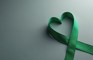 Green ribbon shaped heart isolated grey background. Symbol of organ donation, healthcare, support, awareness. Healthcare concept, hope. Suitable for medical, health, wellness, altruism visuals.