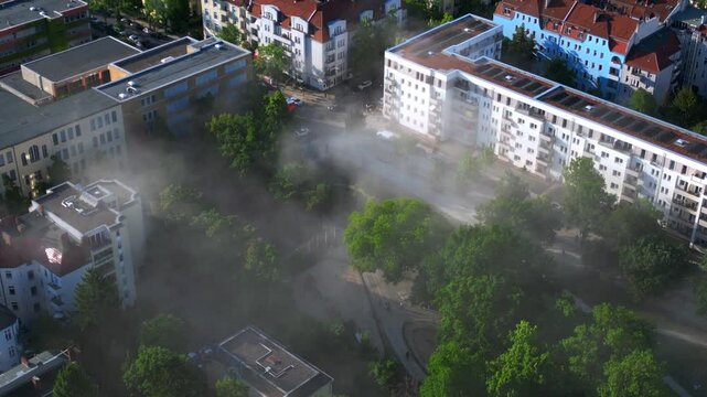 Rescue helicopter landing in Berlin urban park. Great aerial view flight drone