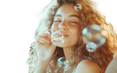 Carefree girl blowing bubbles joyfully from the backseat car window on a sunny day Isolated on Transparent Background PNG