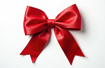 Red ribbon bow isolated on white background. Gift present for festive events. Symbol of celebration, holiday. Valentine day, wedding, anniversary concept. Shiny satin silk decor.