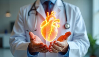 Medical doctor holds glowing virtual human heart. Healthcare concepts. Futuristic tech, innovation in cardiology, cardiovascular health. Digital body, anatomy, medicine, science, health care,