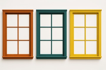 Three Large Wooden Window Frames in Different Colors with White Windows