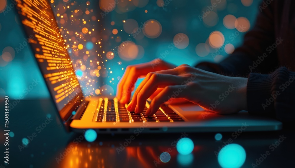 Poster hands typing on laptop keyboard with glowing code on screen. ai tech, machine learning data processi