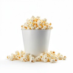 White paper popcorn bucket full of fluffy popcorn isolated on white. Cinema snack concept. Empty blank cup for your design movie theater fast food take away.