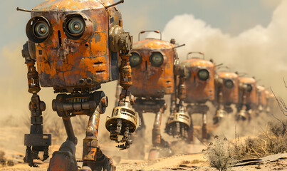A line of rusty humanoid robots advances across a dusty, desolate landscape; a post-apocalyptic or dystopian style with a touch of retrofuturism and mechanical charm.