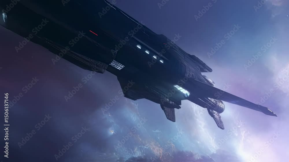Wall mural futuristic spaceship navigating through a colorful nebula, featuring lightning strikes and bright st