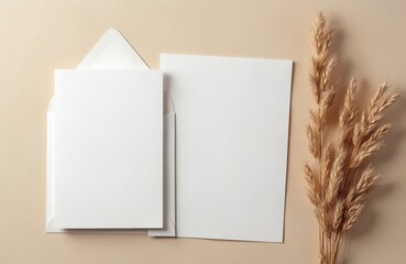 Wedding invitation card mockup. Blank white card, envelope on beige background. Dry grass decoration. Top view. Stylish wedding stationery design template for bridal. Copy space for text.