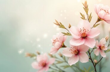Gentle spring floral illustration. Pastel blush pink, soft sage green color palette. Blossoming flowers, vibrant petals, light bokeh background. Delicate elegant artwork creates tranquil harmony.