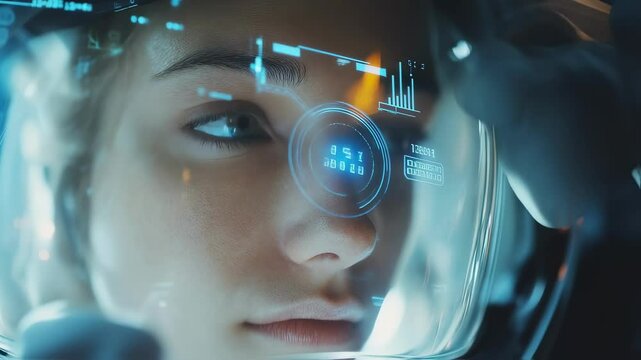 Close up of an astronaut's face wearing a helmet with a transparent visor displaying a futuristic heads up display - hud - interface with changing data and graphics