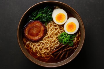 Asian Noodle Soup, Ramen in a Bowl, Top View