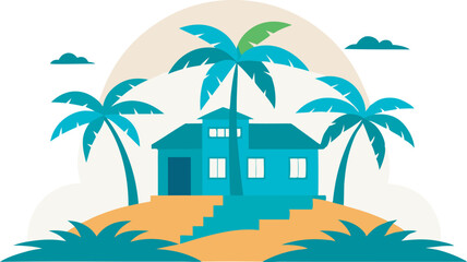 Obraz premium Tropical beach house illustration with palm tree and ocean waves in silhouette style