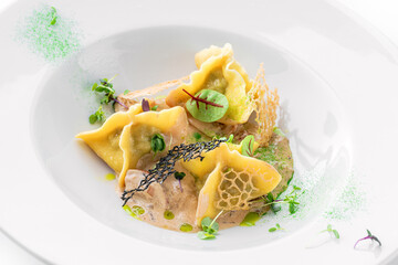 Ravioli with sauce decorated with greens in plate isolated on white background. Italian dishes, top view, close up