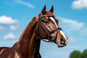 Obraz premium Magnificent Brown Horse in Headgear Against a Clear Blue Sky During Daytime