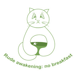 Sad cartoon cat illustration with empty bowl and "Rude awakening: no breakfast" text, emotional line art concept.